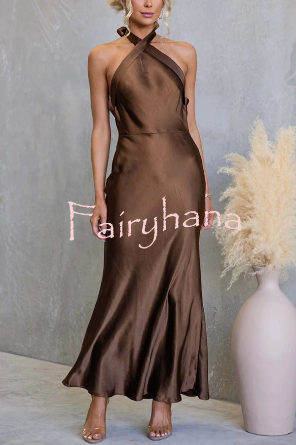 Satin Fashion Halter Backless Slim Elegant Maxi Dress
