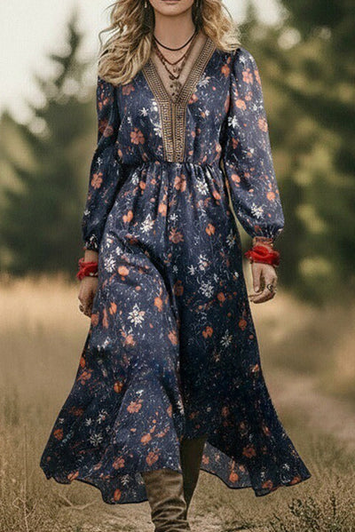 Bohemian Floral Print V-neck Long-sleeved Maxi Dress