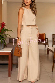 Solid Color Slim Fit Sleeveless Crew Neck Top and High Waist Pocket Wide Leg Pants Set