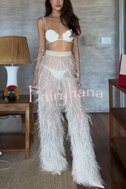 Braylie Sheer Tulle Tiered Feather Trim High Rise Wide Leg Pants