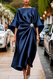 Satin Elegant Brooch Embellished Casual Round Neck Midi Dress