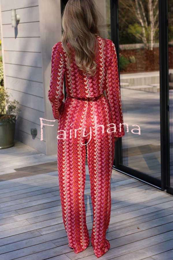 Tamia Knit Colorful Wave Unique Print Crop Top and Stretch Wide Leg Pants Set