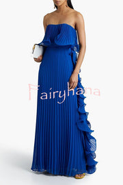 Reina Chiffon Pleated Wavy Ruffles Trim Strapless Loose Maxi Dress