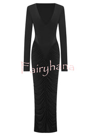 Sexy See-through Long-sleeved V-neck Pleated Slim-fit Maxi Dress