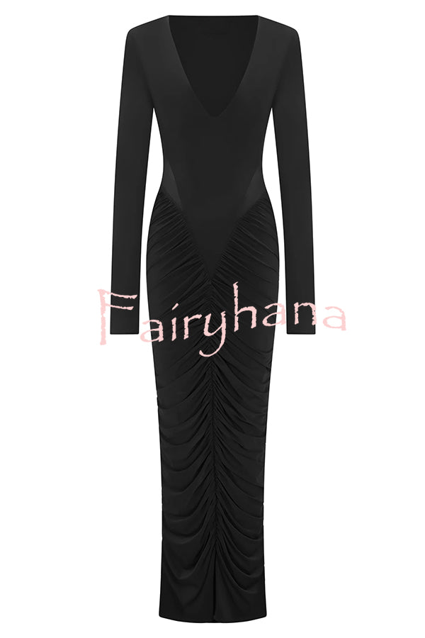 Sexy See-through Long-sleeved V-neck Pleated Slim-fit Maxi Dress