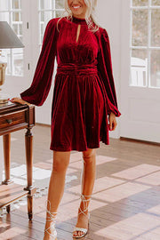 Solid Color Velvet Sexy Hollow Waist Long Sleeve Mini Dress