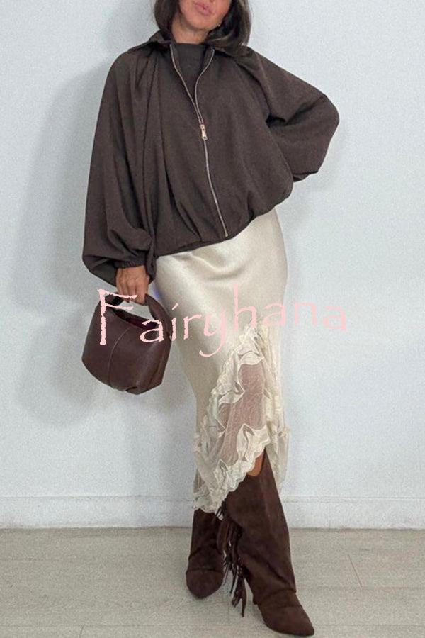 Rolen Satin Lace Patchwork Elastic Waist Irregular Hem Midi Skirt