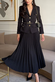 Solid Color Lapel Button Belt Blazer and Pleated Casual Maxi Skirt Set