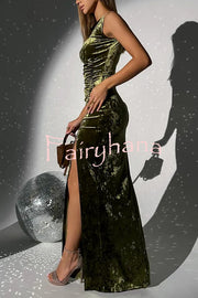 Solid Color Velvet Round Neck Sleeveless Slim Slit Maxi Dress