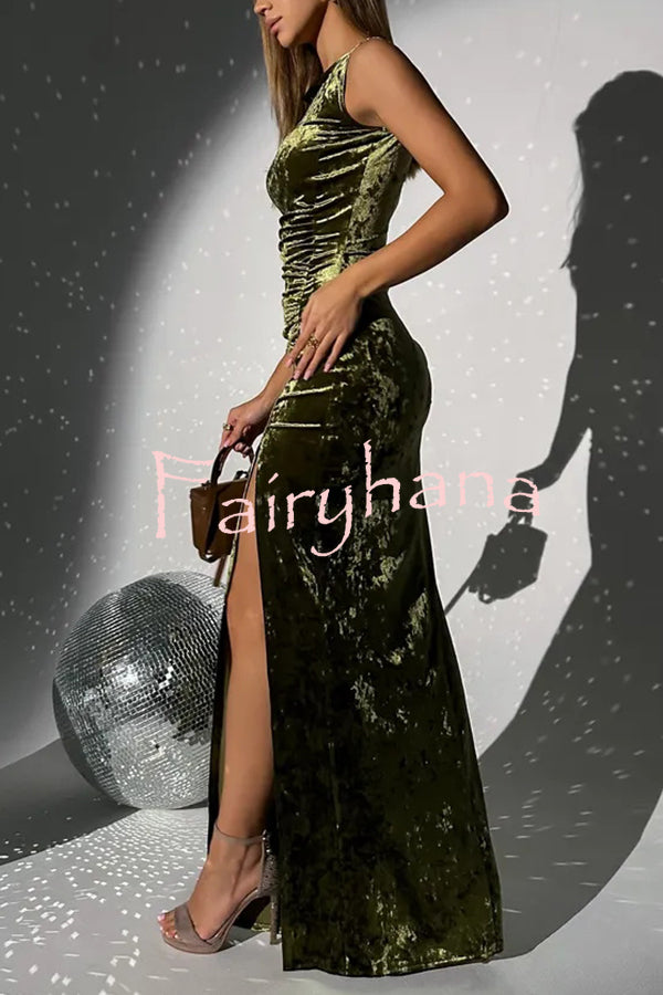 Solid Color Velvet Round Neck Sleeveless Slim Slit Maxi Dress