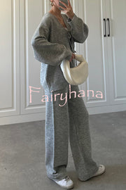 Solid Color V-neck Tie Long-sleeved Loose Knit Cardigan and Elastic Waist Casual Straight Leg Pants Set