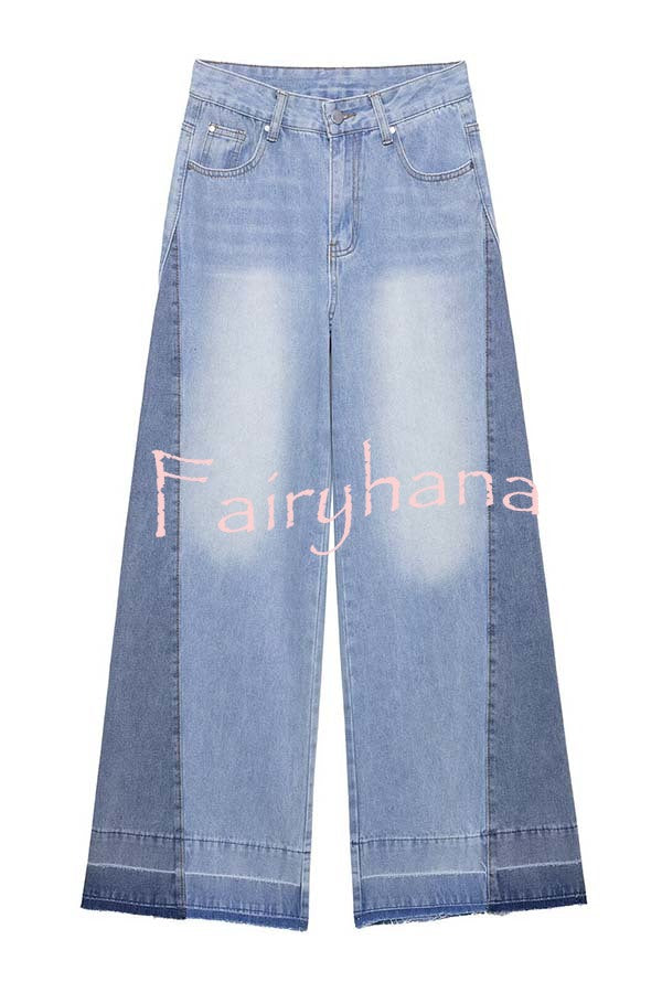 Ellison Denim Side Colorblock High Rise Pocket Wide Leg Jeans