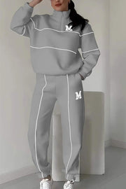 Fashionable Letter Striped Long-sleeved Sweatshirt and Elastic Waist Casual Pocket Pants Set