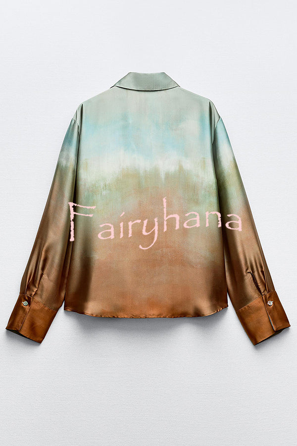 Fashionable Gradient Print Lapel Long Sleeve Casual Shirt