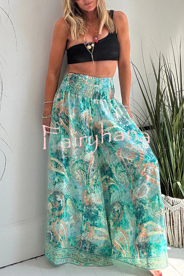 Stella Leopard Print High Rise Smocked Waist Pocketed Wide Leg Pants