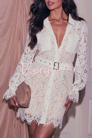 Love in Lace Button Up Belted Long Sleeve Pocket Shirt Mini Dress