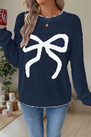 Christmas Contrasting Color Big Bow Round Neck Long Sleeve Loose Knitted Sweater