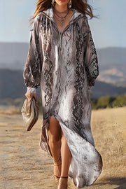 Python Print Loose Hooded Long-sleeved Slit Maxi Dress