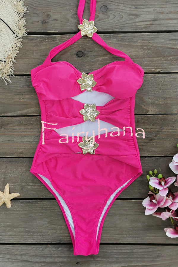 Sun and Sea Hollow Metal Flower Decoration Stretch One-piece Swimsuit