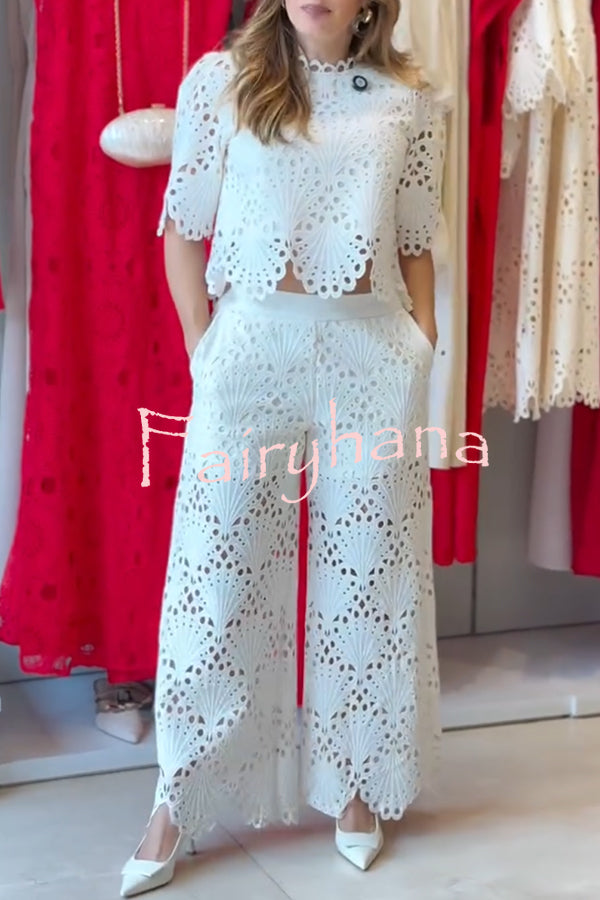 Eliose Scallop Cutout Embroidery Lace Short Sleeve Loose Top
