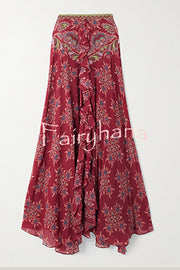 Unique Printed Chiffon Long-sleeved Loose Shirt and Elegant Ruffled Maxi Skirt Set