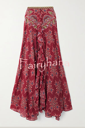 Unique Printed Chiffon Long-sleeved Loose Shirt and Elegant Ruffled Maxi Skirt Set