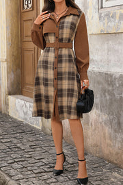 Retro Plaid Patchwork Casual Belt Workplace Style Midi Dress