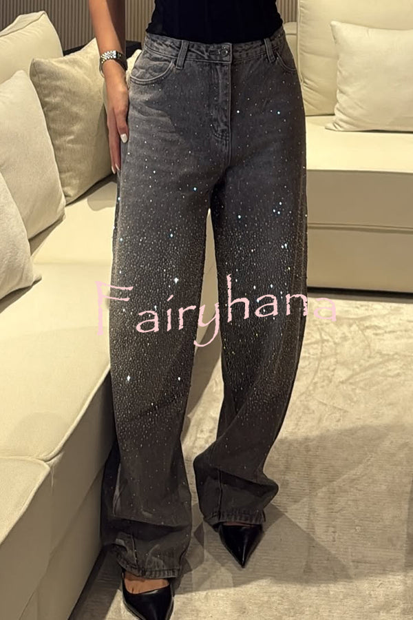 Fashion Star Rhinestone High Rise Casual Pocket Straight Loose Jeans