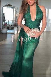 Edeita Sequin Pleated Design Deep Halter U-neck Slit Drape Gown Maxi Dress