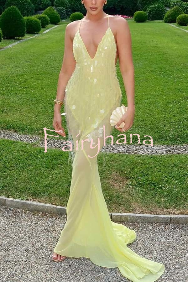 Perfect Night Sequin Embroidery Backless Drape Tulle Hem Slip Maxi Dress