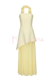 Monaco Off Shoulder Structured Top Chiffon Slit Hem Scarf Maxi Dress