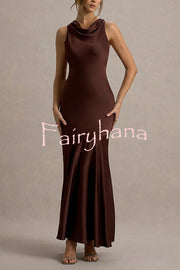 Timeless Sophistication Satin Cowl Detail Back Self-tie Halter Neck Maxi Dress