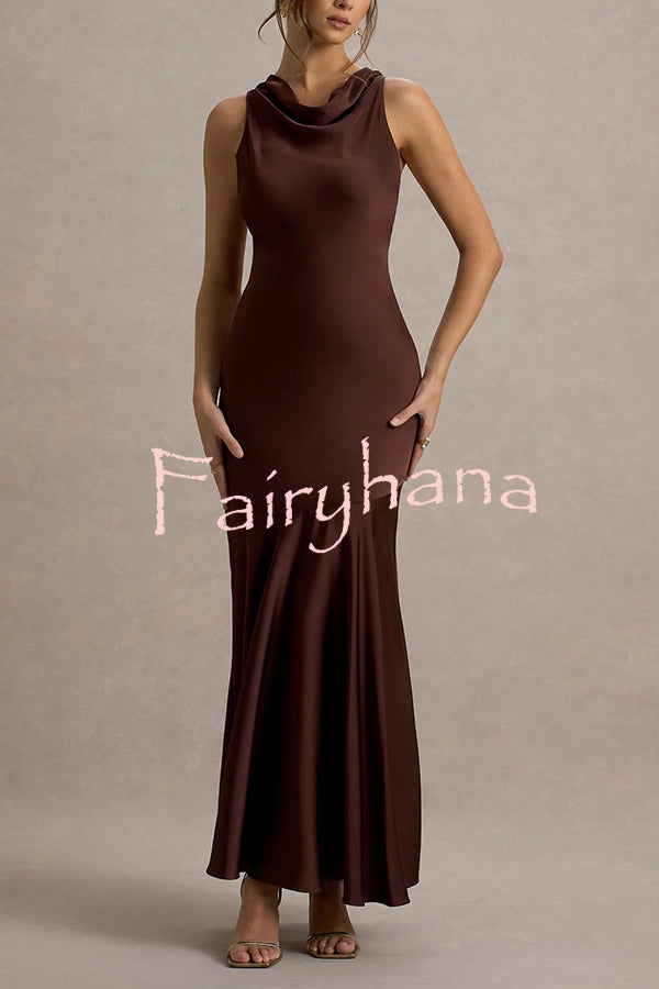 Timeless Sophistication Satin Cowl Detail Back Self-tie Halter Neck Maxi Dress