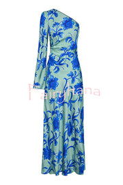 Satin Botanical Print One-Sleeve Resort Maxi Dress