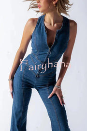 Fashionable Heart Hollow Back Slim High Waist Flared Denim Jumpsuit