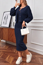 Solid Color Round Neck Long Sleeve Casual Cardigan and Suspender Slim Midi Dress Set