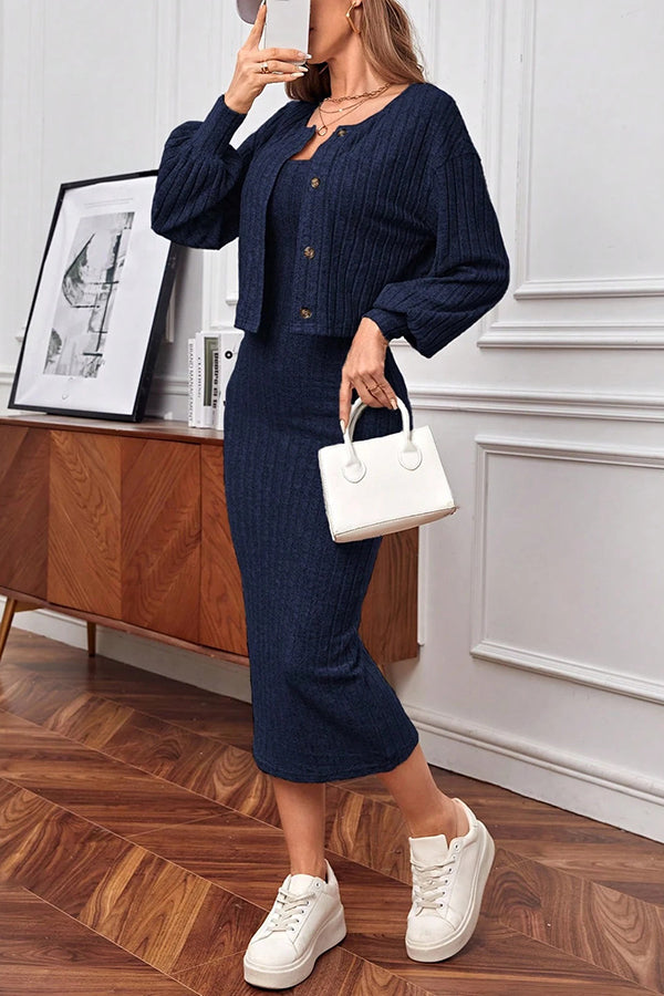 Solid Color Round Neck Long Sleeve Casual Cardigan and Suspender Slim Midi Dress Set