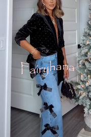 Runway Muse Denim High Rise Bow Trim Pocketed Wide Leg Jeans