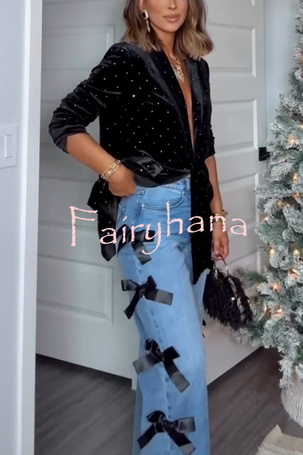 Runway Muse Denim High Rise Bow Trim Pocketed Wide Leg Jeans