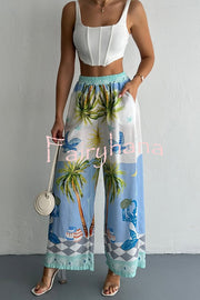 Holiday Style Print Loose Long Sleeve Shirt and Elastic Waist Loose Pocket Wide Leg Pants Set