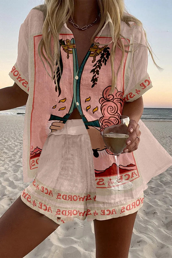 Tarot Print Loose Button Elastic Waist Shorts Set