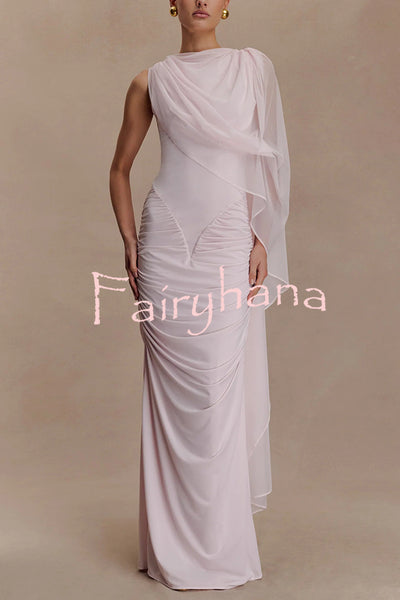 Fashionable Mesh Shawl Sleeveless Slim Fit Pleated Maxi Dress