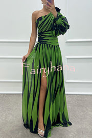 Purely Charming Printed Rose Pendant One Shoulder Pleated Slit Maxi Dress