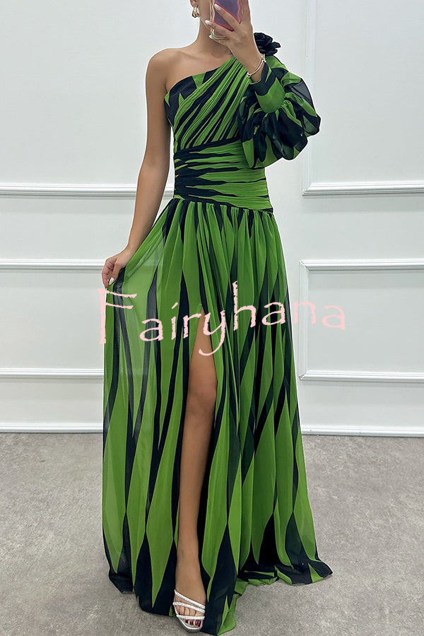 Purely Charming Printed Rose Pendant One Shoulder Pleated Slit Maxi Dress