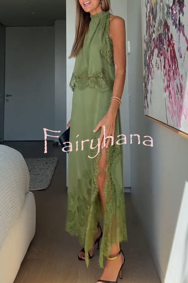 Modern Muse Satin Lace Trim Pleated Neck Top and A-line Irregular Slit Skirt Set