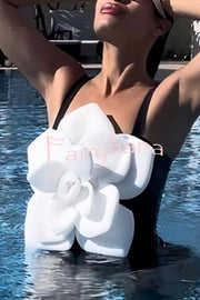 Fashionable Contrast Color Large Flower Stretch One-piece Swimsuit