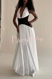 Fashionable Color Matching Sexy Halter Neck Waist Maxi Dress
