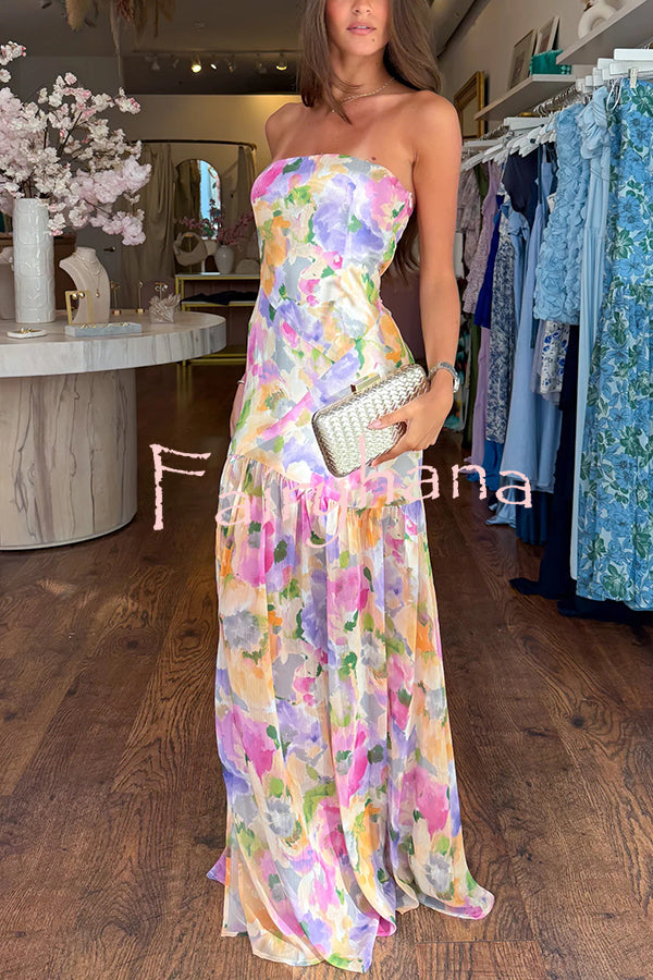 Floral Print Elegant Strapless Fitted Slit Maxi Dress