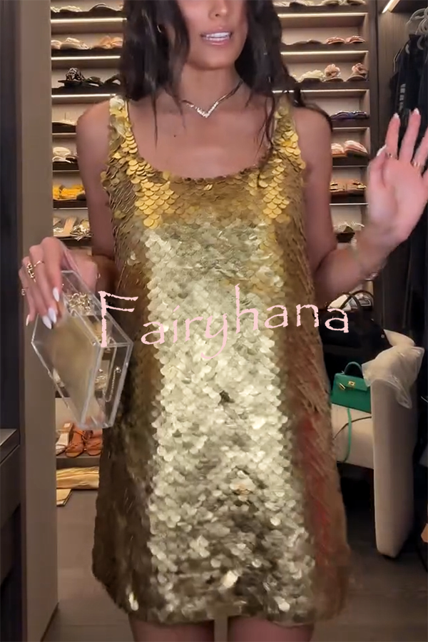Golden Charm Impact Large Sequins Scoop Neck Tank A-line Mini Dress
