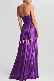 Goddess Temperament Metallic Pleated Fabric Off Shoulder Slit Maxi Dress